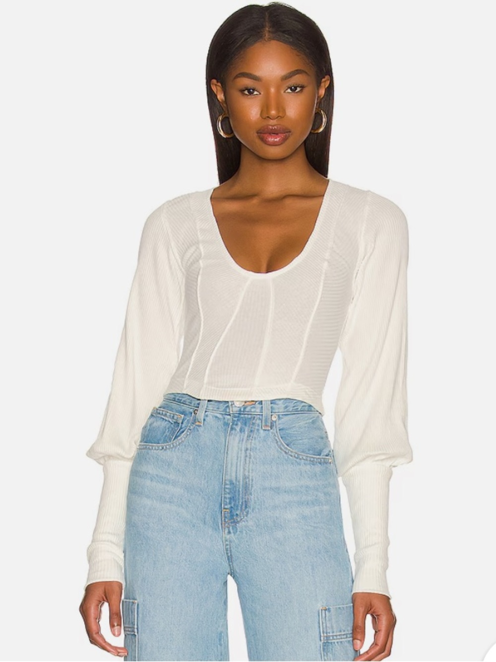Free People Petra U-Neck asymmetrical long sleeve knit crop top white